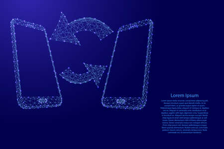 Two smartphones and the concept of data exchange interactive communication from futuristic polygonal blue lines and glowing stars for banner, poster, greeting card. Vector illustration.のイラスト素材