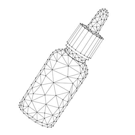 Flacon with a pipette in a stopper with a medical liquid, or with CBD oil from abstract futuristic polygonal black lines and dots. Vector illustration.のイラスト素材