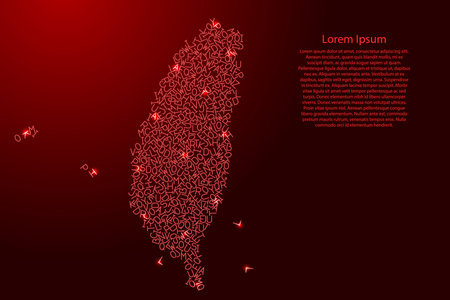 Taiwan map from red pattern latin alphabet scattered letters and glowing space stars grid. Vector illustration.のイラスト素材