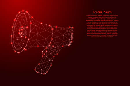 Horn, speaker, mouthpiece, electric megaphone, from futuristic polygonal red lines and glowing stars for banner, poster, greeting card. Vector illustration.のイラスト素材