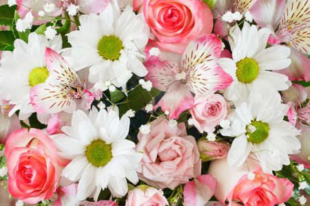 Flowers in bouquet, close-up roses and various, top view, collage