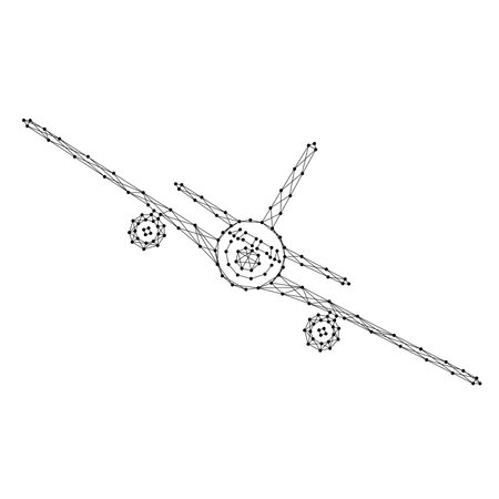 Airplane flying with roll, front view from abstract futuristic polygonal black lines and dots. Vector illustration.のイラスト素材