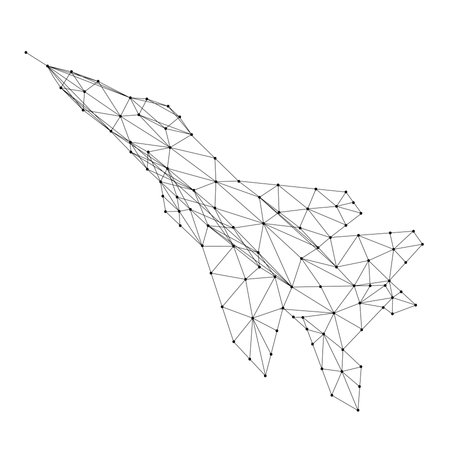 Fighter jet plane taking off, from abstract futuristic polygonal black lines and dots. Vector illustration.のイラスト素材