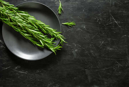 Rosemary fresh grass on dark plate. Top view dark background, with space to copy text.の写真素材