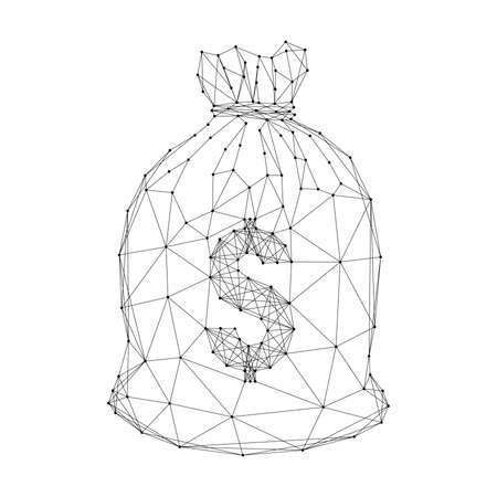 Money bag with dollar icon cash, business and finance, payment, from abstract futuristic polygonal black lines and dots. Vector illustration.のイラスト素材