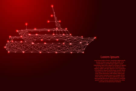 Passenger boat, marine vessel, from futuristic polygonal red lines and glowing stars for banner, poster, greeting card. Vector illustration.のイラスト素材