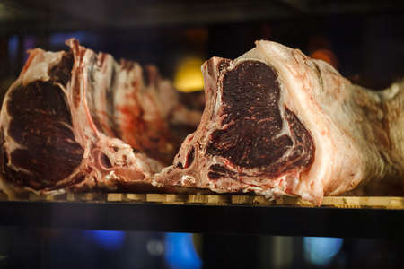 Lamb meat, pieces back with ribs, tenderloin with bones, selective focus.の写真素材