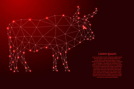 Bull, symbol of horoscope according to Eastern calendar, from futuristic polygonal red lines and glowing stars for banner, poster, greeting card. Vector illustration.のイラスト素材