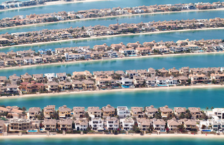 DUBAI, UAE - April 18, 2022: houses on branches The Palm Jumeirah, top view.のeditorial素材
