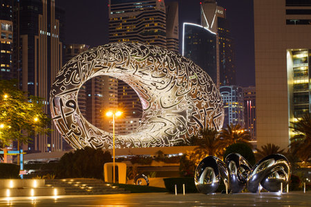 DUBAI, UAE - April 21, 2022: Museum of The Future, at night, view from the south side.のeditorial素材