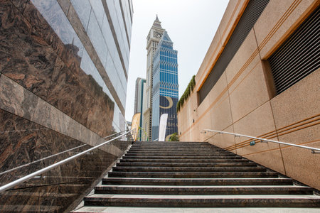 DUBAI, UAE - April 17, 2022: Trade Centre, stairs with view of UP Tower.のeditorial素材