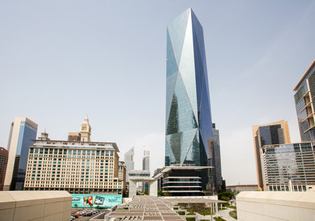 Dubai, UAE - April 17, 2022: DIFC Gate Avenue, ICD Brookfield Place, Ritz-Carlton.
