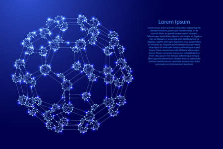 Fullerene, a molecular compound, structure from carbon atoms, from futuristic polygonal blue lines and glowing stars for banner, poster, greeting card. vector illustration.のイラスト素材
