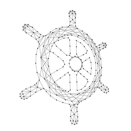 Ship's steering wheel from abstract futuristic polygonal black lines and dots. vector illustration.のイラスト素材