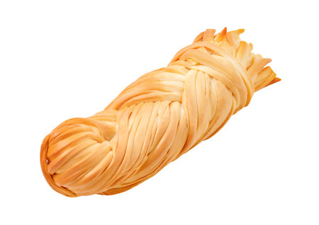 Suluguni smoked pigtail cheese, isolated on white background