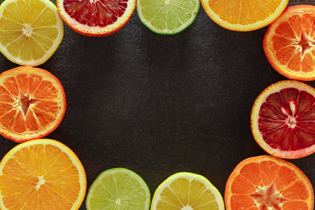 Citrus fruits cut in half, oranges, tangerines, lemons, limes on dark background, top view, frame space to copy textの写真素材
