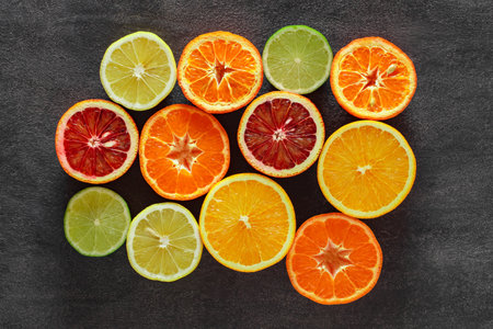 Citrus fruits cut in half, oranges, tangerines, lemons, limes on dark background, top viewの写真素材