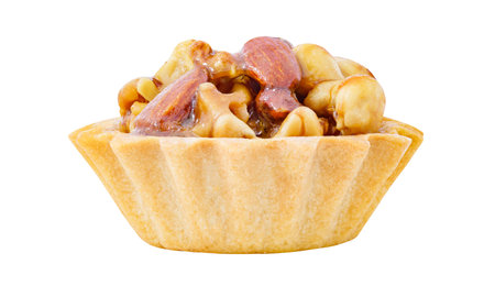 Tart cake with different nuts in sweet glaze, isolated on white background with clipping pathの写真素材