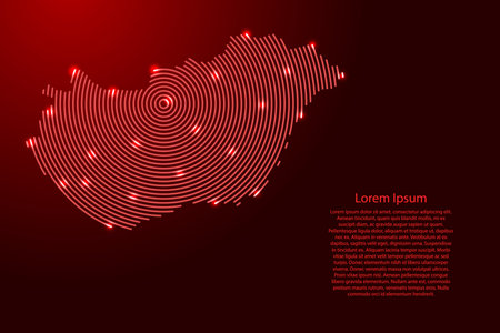 Hungary map from futuristic concentric red circles and glowing stars for banner, poster, greeting cardのイラスト素材