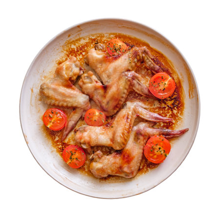 baked chicken wings with tomatoes,  view, isolated on white with clipping pathの写真素材