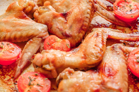fried chicken wings with tomatoes, selective focusの写真素材