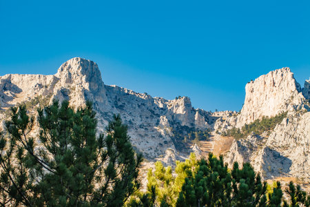 high rocky mountains with forested slopes and peaksの写真素材