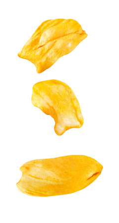 jackfruit, dried fruit, flying soaring, isolated on white background with clipping path