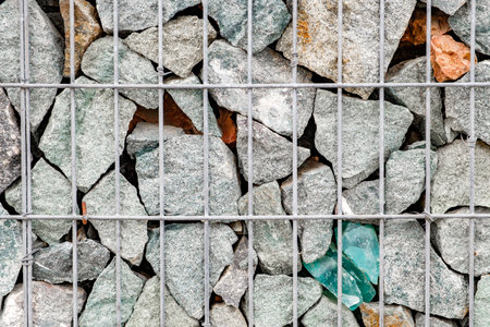 rubble stones behind metal grate close-up backgroundの写真素材