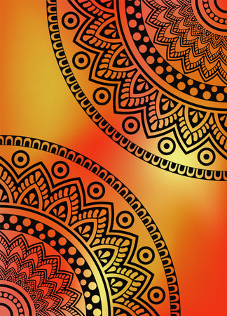 2 black mandalas on a red and yellow backgroundのイラスト素材