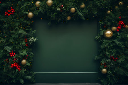 Lush Christmas garland with red berries and golden baubles on a dark green wall background. Copy space. Christmas postcardの素材