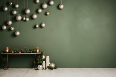 Modern Christmas decor with white baubles, a minimalist shelf, and a sleek green wallの素材