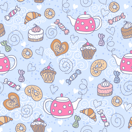 Seamless pattern with a teapots and many delicious sweetsの写真素材