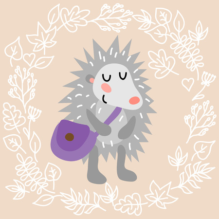 Cute hedgehog on leaves background illustrationのイラスト素材