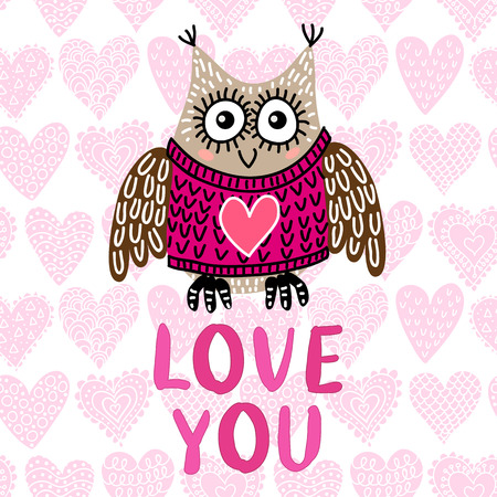 Valentine's day greeting card with cute owlのイラスト素材