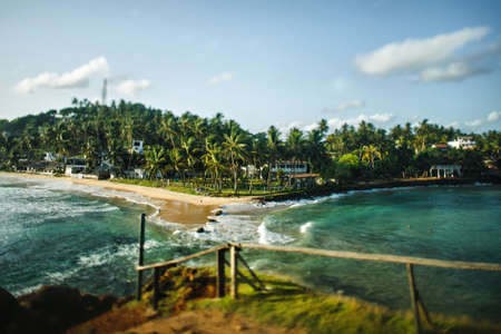 Golden sunset on the sea coast with palm trees reflection the water.の写真素材