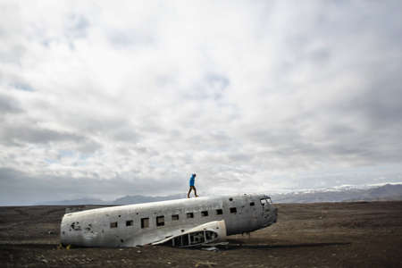 The epic plane wreck on the black beach in south Icelandの写真素材
