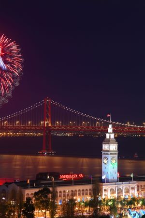 New Year's Eve Firework above Ferry Building & Bay Bridge in San Franciscoの写真素材