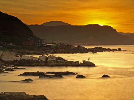 The golden sunshine of Keelung City, Taiwanの写真素材