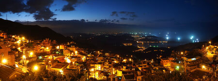 Extra High Resolution Panorama Night Image of Coastline in Taipeiの写真素材