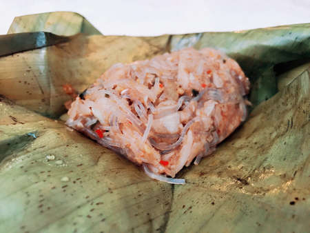 Steamed shoot vermicelli with herbs formula. With banana leaf grilledの写真素材