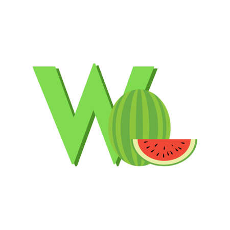Alphabet Fruits Watermelon, Clip Art Vector Flat Design, Illustration for kids Letter Wのイラスト素材