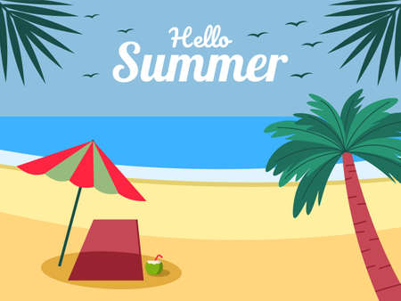 Illustration of summertime background with beach umbrella and palms flat design vector illustrationのイラスト素材