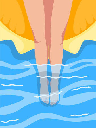 Illustration of girl's feet in the swimming pool with lifebuoy. Flat design vector illustration.のイラスト素材