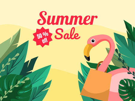 Illustration of summer sale banner with tropical leaves and flowers and a flamingo flat vector illustration.のイラスト素材