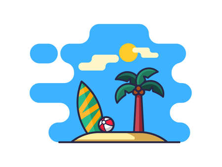 Illustration of beach and the tropical island with palm tree and surfing board vector illustration icon isolated on a white background.のイラスト素材