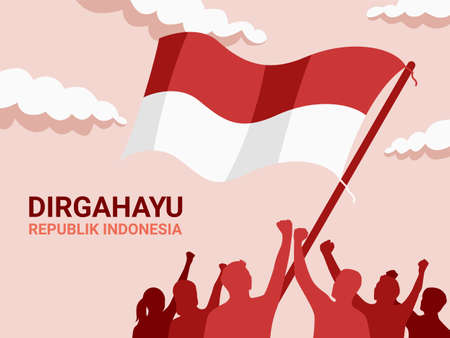 Poster Illustration of Indonesian Flag with Crowd of People - Indonesia Independence Day Background Conceptのイラスト素材