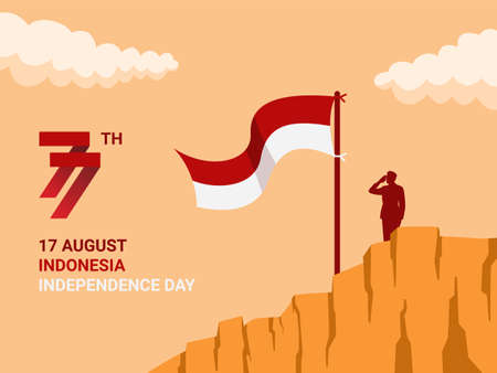Illustration of Man Saluting the Indonesian Flag - Indonesia Independence Day Celebration Poster Background - Vector Illustration Designのイラスト素材