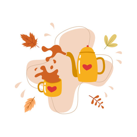 Coffee mug and autumn leaves. Vector illustration in flat styleのイラスト素材