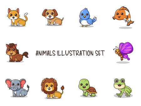 Cute Animals Cartoon Set Vector Illustration - Isolated on a White Background.のイラスト素材