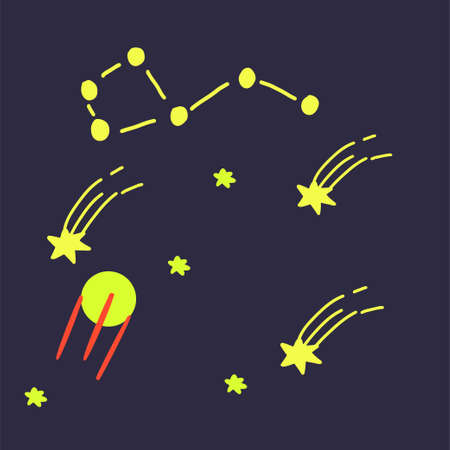 Vector cartoon illustration with collection of different colorful alien spaceships. Vector UFO icon. Cute spacecraft, galaxy objects for children book or cover illustration. Cartoon rocket iconのイラスト素材